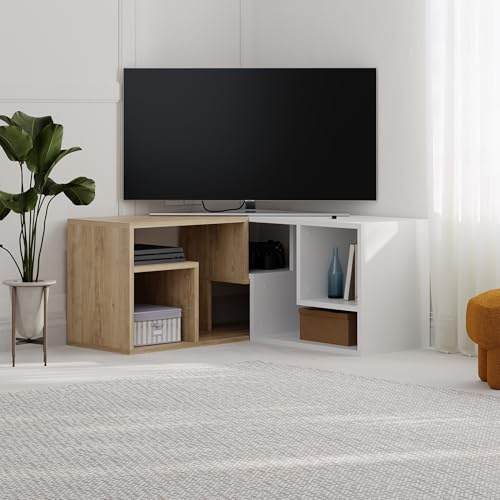 HOCUS PICUS Corner & Flat TV Unit TV Table up to 43 Inches Free, Oak, White | Home Office Storage Shelf Unit for Living Room, Combination Media Entertainment Center