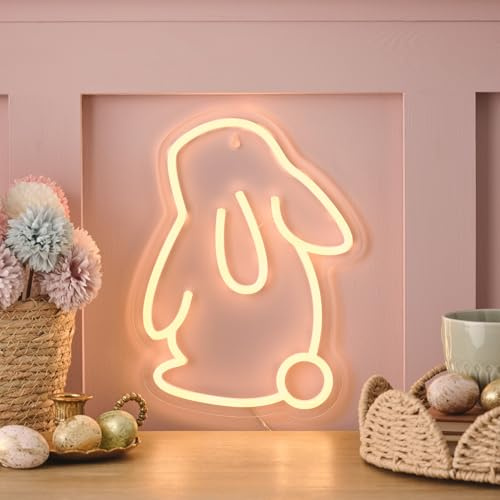 Lights4fun LED Neon Osterhasen-Wandlicht batteriebetrieben moderne Osterdeko für Innen Wanddeko Fensterdeko Frühling mit Timer Bunny Rabbit 30 cm