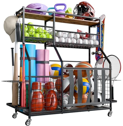 Holiwei Sports Equipment Organizer, Garage Storage with Basket and Hooks, Rolling Cart with Wheels for Toy Sports Gear Storage, Ball Rack for Indoor/Outdoor
