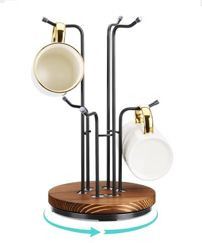 HULISEN 360° Rotating Mug Tree for Large Cups, Counter Coffee Mug Holder with 6 Hooks, Metal Coffee Cup Rack Stand for Countertop with Stable Wooden Base, Kitchen Counter Decor