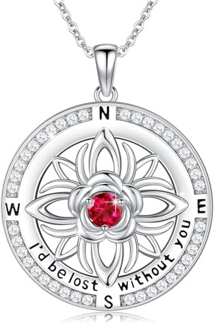 YueYuan kompass halsband 925 sterlingsilver ros hänge med januari födelsesten för kvinnor, Sterlingsilver