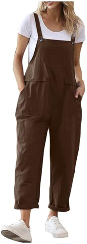 Damhängselbyxor avslappnade säckiga overaller med ficka sommar ärmlös linne overaller för kvinnor Storbritannien enkel lätt knappremmar haklapp byxor mode jumpsuit, Kaffe, XL