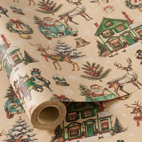 RUSPEPA Weihnachtsgeschenkpapierrolle für Jungen und Mädchen, Vintage-Weihnachtsmotiv mit Weihnachtsmann, Rentier, Schneemann und Haus, Kraft-Geschenkpapier für Feiertage und Winterpartys 43,2cm x 5m