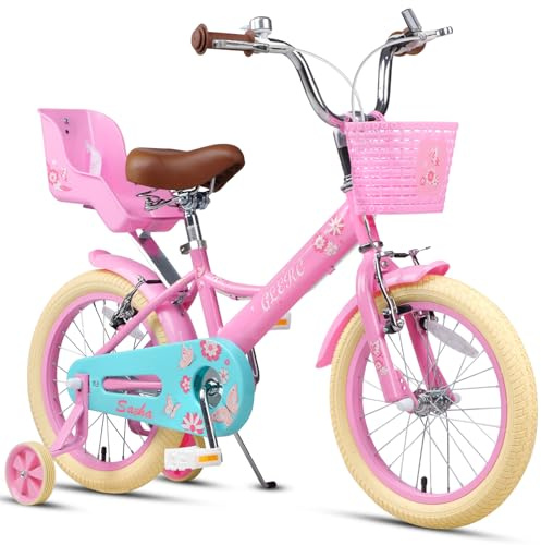 Glerc Mädchenfahrrad im Prinzessinnen-Design, 12 14 16 18 20 Zoll Kinderfahrrad für Kinder von 2–13 Jahren, Puppensitz, Korb, Stützrädern und Fahrradständer