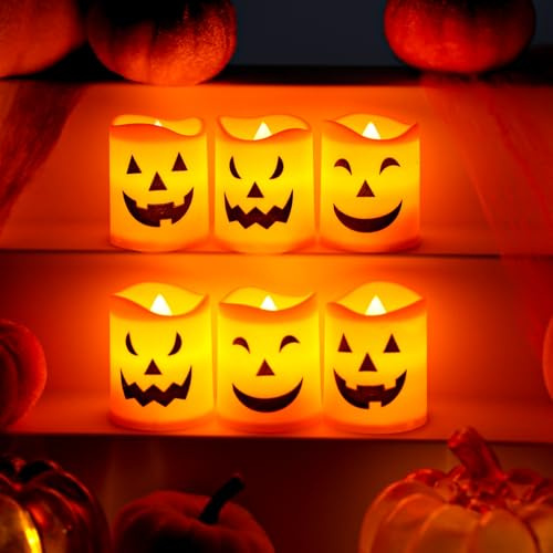 6 Stück Halloween LED Kürbis Teelichter Flammenlose Deko | Batteriebetriebene Kerzen mit 3 Gesichtern für Tischdeko Zuhause Party und Halloween