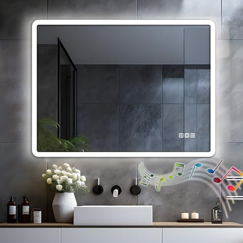 LISA LED Badspiegel mit Beleuchtung 80x60 cm, Bad Spiegel Groß badezimmerspiegel mit Steckdose und Bluetooth Dimmbar 3 Lichtfarbe Antibeschlag Wandspiegel für Badezimmer, WC, Flur Rückbeleuchtung