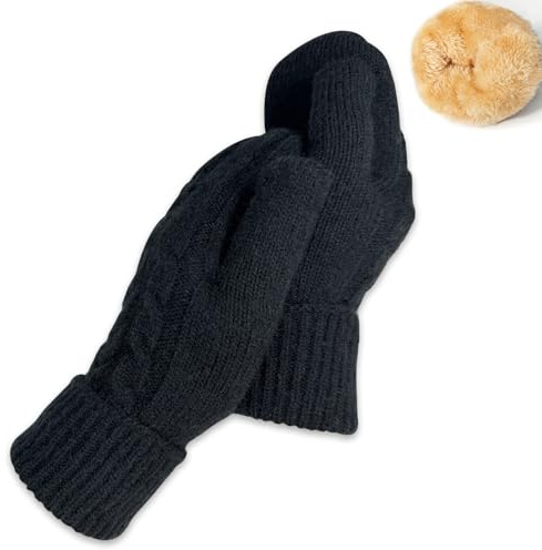 Bototack Winter Mittens Gloves for Women Warm Fleece Lining Knit Thick Thermal Snow Gloves for for Cold Weather Gifts (Black)