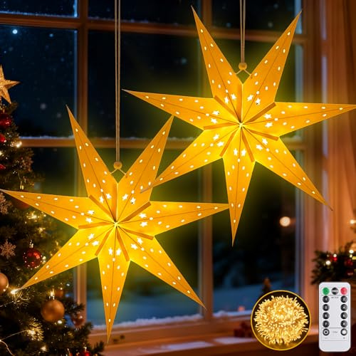 2 Stück Papiersterne zum Aufhängen,45cm LED Papierstern Beleuchtet zum Aufhängen,Weihnachten mit Timer und 8 Beleuchtungsmodi,Weihnachtsstern Beleuchtet,Sterne Papier zum Fensterdeko
