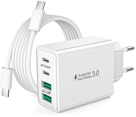 Cargador iPhone Carga Rapida, USB C Charger Enchufe con 2M Cable USBC para iPhone 17 16 15 Pro MAX Plus 16e iPad, Samsung Cargador USB C Múltiple 40W 4-Puertos Rápido Tipo C Enchufe Adaptador Cabezal