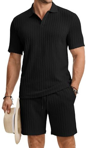 JMIERR Herren Jogginganzug Set Sommer Strick Einfarbig | 2 Teiliges,Textur Poloshirts Kurzarm,Einfarbig Strick,Kurze Hose mit Elastischer Taille,Old money,Baggy,Freizeit und Alltag