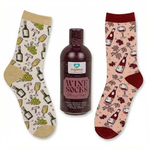 MIJOMA Coffret cadeau de chaussettes à vin - 2 paires de chaussettes avec motif vin rouge et blanc dans un emballage en bouteille - Taille unique - Idée cadeau originale pour les amateurs de vin