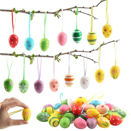 CYIOU Uovo di Pasqua Plastica da Appendere Decorative Addobbi Pasquali 4 cm | 48 pz Ovetti Pasquali Decorativi con Vari Stile Punti Strisce Fiori Caccia Alle Uova di Pasqua per Casa