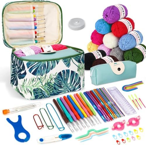 TOSUTO Uncinetto Set,Kit Uncinetto Principianti,set di uncinetti con 12 lana,Kit Principianti,accessori all'uncinetto,uncinetti ergonomici con manico morbido e ago in metallo, 2,0 – 10 mm