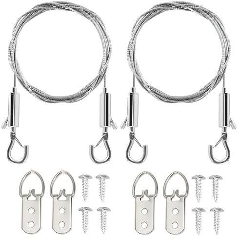 2 Sets Picture Hanging Wires, Picture Hanging Wire with Hooks, Stainless Steel Wire Rope for Wall Mounting Picture Frames, Hanging Mirrors, Potted Plants, Chandeliers and Retail Signage, 2 Meters Le