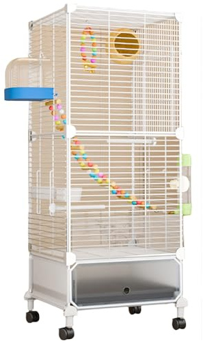 Grande cage à oiseaux avec support roulant - Volière double couche pour perruches, calopsittes, perruches et pinsons - Cage de vol en fer avec plateau