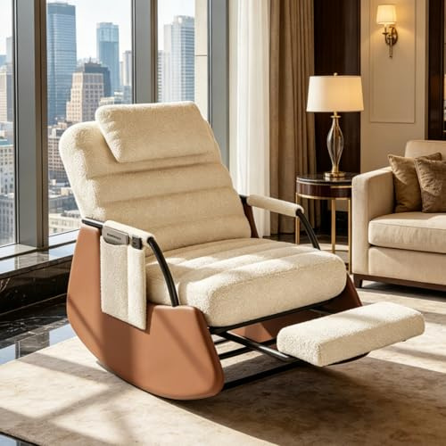 Sedia a dondolo con sgabello, beige, poltrona a dondolo con poggiapiedi e 3 schienali regolabili, poltrona imbottita con braccioli e poggiatesta, sedia relax per soggiorno, moderna, in pelliccia di