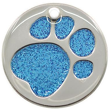 Personalised Engraved 25, 32 & 36mm Glitter Paw Print Pet Tag. Bold Contrasting Text. Small, Medium & Very Large CAT/Dog ID Tags (Light Blue, 32mm)