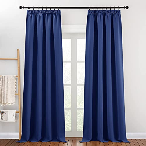 PONY DANCE Blue Blackout Thermal Curtains for Kitchen Decorative Pencil Pleat Draperies for Living Room Super Soft Thermal Noise Reducing Window Treatment for Kids Room, W55 X L96, 1 Pair