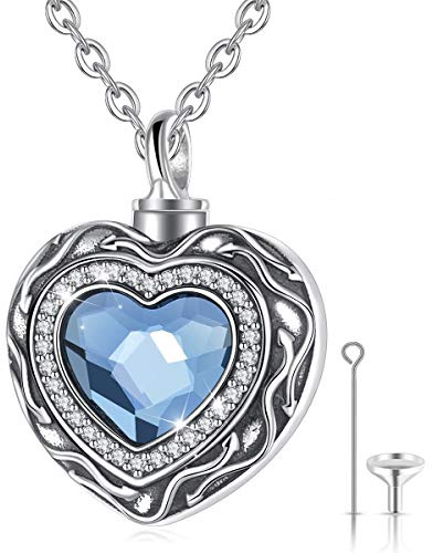 CELESTIA Saphir Cœur Urne Collier pour Cremains, Urne pour Chien Chat, Bijoux Commémoratifs et Funéraires Argent Sterling 925