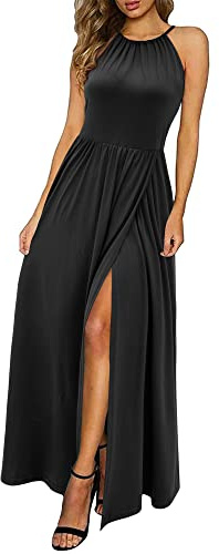 KILIG Damen Sommerkleid Neckholder Schlitz Maxikleid Partykleid