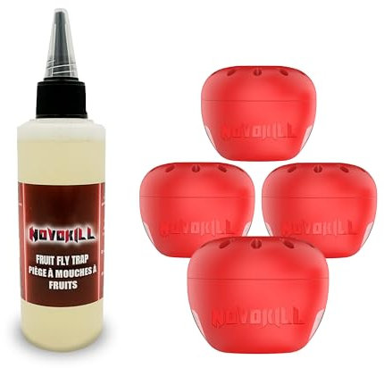 Novokill Fruchtfliegenfalle 4X Fallen + 100ml Lockstoff – Wiederverwendbare Fallen – Schnelle Wirkung – Obstfliegenfalle für Küche – Effektiv Fruchtfliegen bekämpfen
