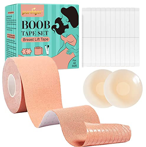 Boob Tape, Boobytape for Breast Lift, 8M Bob Tape for Large Breasts, Suitable for A-F, Breast Lift Tape with 1 Pair Silicone Nipple Covers and 40 Pcs Double Sided Tape, Bob Tape for Breast Lift