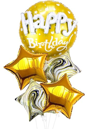 Nine San 5 Stück Gold Happy Birthday Folienballon 3D Rund Golden Geburtstag Luftballon Goldene Black Star Foil Balloons Party Deko