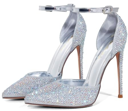 Zhabtuc High Heels, Damen Pumps D'Orsay Knöchelriemen Spitz zulaufender Zehenbereich Stilettos Strass Party Hochzeitsschuhe, Silberner Strassstein, 39 EU