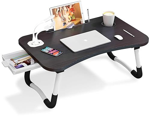Warmiehomy Laptop Desk with USB Ports, Portable Laptop Bed Table with Foldable Legs & Cup Slot, Lap Table for Sofa with Drawer, Small Fan&Lamp, Lap Tray with Leg for Working, Black