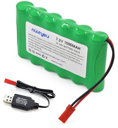 nvizyeu 7,2 V Nimh-Batterie, 1500 mAh AA wiederaufladbare 7,2 V RC-Batterie, geeignet für ferngesteuertes Auto, RC, Ingenieurfahrzeug, elektrisches Spielzeug, kommt mit Ladekabel (JST-Stecker)
