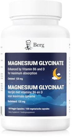 Berg Magnesiumglycinat 400 mg – Högdoserat med 120 mg Elementärt Magnesium, plus Vitamin D, B6 & Zink – Väl upptagbar Kelaterad Form – 150 Kapslar