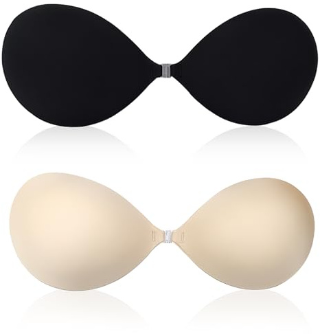 2 Pieces Push Up Bra Strapless Stick On Bra Push Up Invisible Backless Without Straps Women's Reusable Adhesive Bra,Suitable for Any Outfit（C Code） Black, White