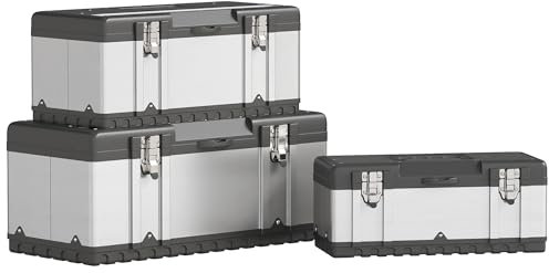 HOMCOM 3 Pieces Tool Box Set, 23/ 19/ 16 Powder Coated Stainless Steel Toolbox with Removable Tray, Handles, Latches, Heavy Duty Tool Case Storage for Workshop, Garage