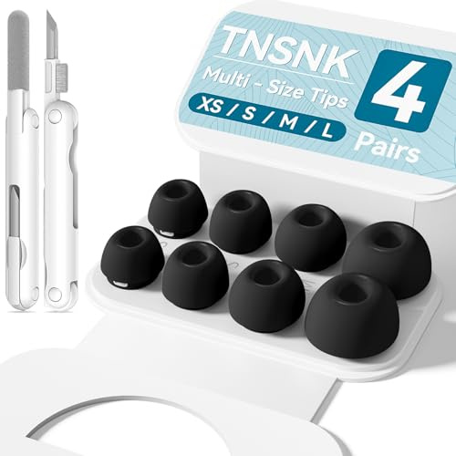 TNSNK Ersatz Ohrstöpsel für AirPods Pro 2nd/1st, Schwarz (XS/S/M/L) | 4 Paar, Anti-Slip, Weiches Silikon, Hautfreundlich, mit Cleaning Kit & Organisator