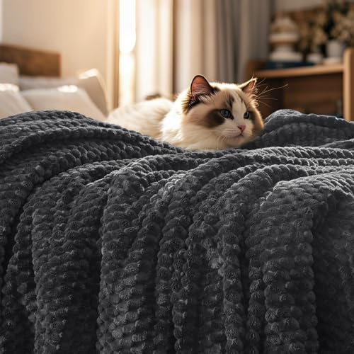 PHF Kuscheldecke Fleecedecke Flauschige Decke 229x229cm, Oeko-TEX® Zertifiziert Exquisite und Warme Leichte Wohndecke, 3D Jacquard Blanket für Sofa Bett Dark Grey, Jacquard Dunkelgrau