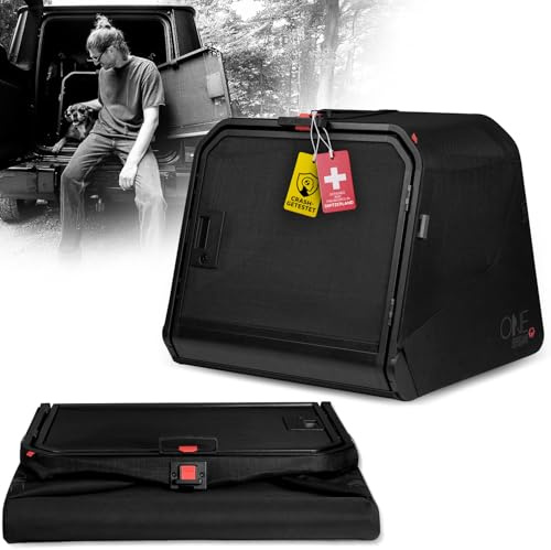1one1 ORIGAMI Hundetransportbox Auto Alu | Alu Hundebox Auto Kofferraum | Hundebox faltbar per Knopfdruck & Crash-getestet | Transportbox Hund aus Aluminium & Textil | Size Medium