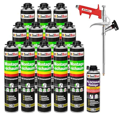 Isolbau Bauschaum-Set - Inkl. 12 x 1K Montageschaum B2 Pistolenschaum mit hervorragender Schall und Wärmedämmung (je 750 ml), 1 x PU-Schaum-Reiniger (500 ml) & 1 x Schaumpistole, Dämmen