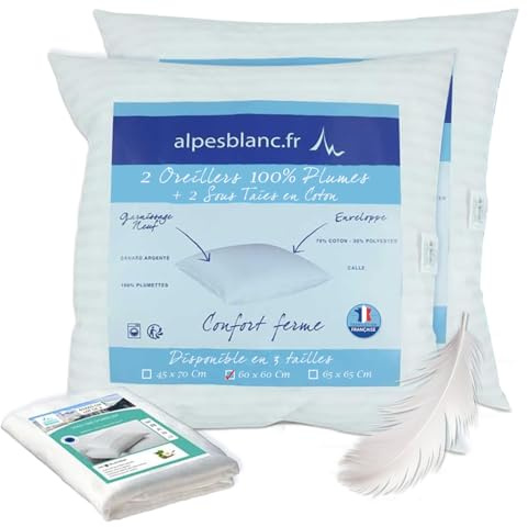 Pack 2 Oreillers en Plumes 60x60 cm + 2 Protège-Oreillers 100% Coton