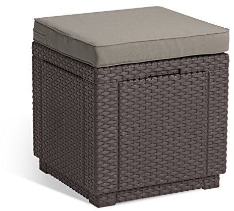 Allibert by Keter Cube Hocker mit Stauraum, braun, inkl. Kissen, Deckel abnehmbar, flache Rattanoptik, wetterfest, 42x42x39cm