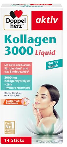 Doppelherz Kollagen 3000 Liquid - Haut + Bindegewebe - Mit Vitamin A, Zink und Biotin als Beitrag zur Erhaltung normaler Haut – 14 Portionsbeutel