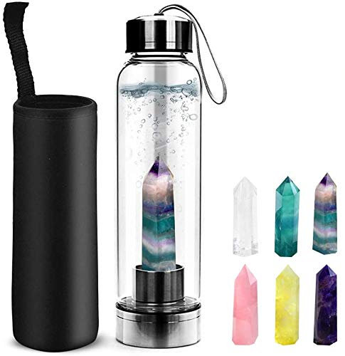 HINATAA Natural Cristal Botella de Agua, Botella de Cristal con Gemas de Cristal extraíbles,Prueba de Fugas Agua portátil Curativo de Cuarzo Botella 550ML (Fluorita Colorida)