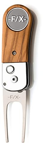 Premium Pitchgabel mit Echtholzbeschlag - Pitchfix de Luxe - ergonomisch - EIN tolles Golfgeschenk für Sie und Ihn (Olive Wood - Hellbraun)