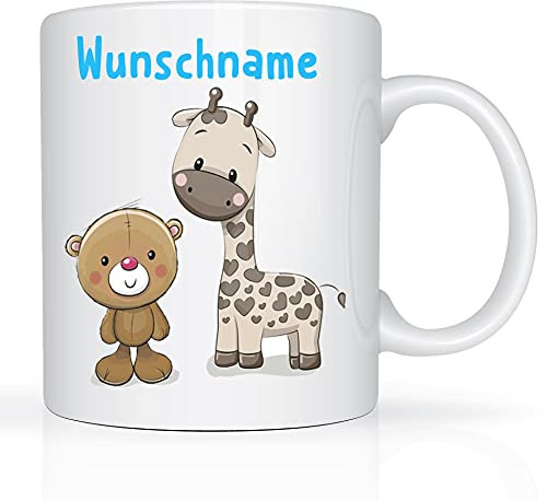 Tasse mit Namen und Teddy/Giraffen Motiv Bedruckt Namentasse Teddy und Giraffenmotiv für Jungen Kindertasse Weiß Geschenktasse Geschenkbecher Spruchtasse Keramik mit Druck Kinder Tasse 330ml