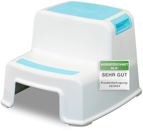ADRIANO PORCARO® I Tritthocker Kinder I 2-Stufig Hocker Kinder I 26cm Hoch I Belastbarkeit 80kg I Gummierte Trittfläche I Hocker Kinder Bad mit Tragegriffe I Für Kinder, Erwachsene, Senioren I Blau
