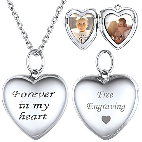 ChicSilver Damen Mädchen Medaillon Anhänger für 2 Foto 925 Silber Personalisierter Herz Fotoanhänger Runde Oval Bilder Amulett mit Ihr Wunschgravur für Paar Pärchen Geliebte