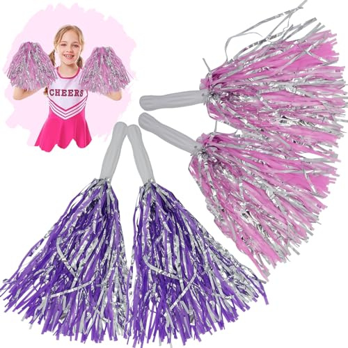 HOVUK Cheerleading Pom Poms 4 Pack Pink Purple Silver 35cm Cheer Pom Poms with Handle for Kids Adults Dance Cheerleader Accessories Sports Events Party Decorations Performance Props