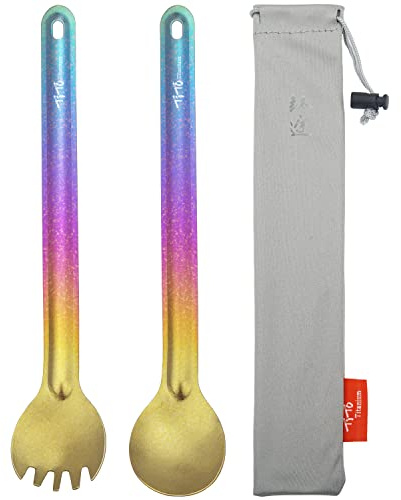 TiTo Titanium Titan Sked Långt Handtag Sked Spork Campingbestick Ultralätt Miljövänlig Sked Gaffel Bärbara Bestick med Tygpåse för Hemmet Resa Camping Vandring Ryggsäck Picknick(Färgrik)