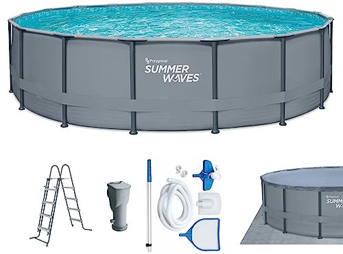 Summer Waves Frame Pool Komplettset | Rund 549x132 cm Grau | Aufstellpool Set | Gartenpool & Schwimmbecken inkl. Filterpumpe, Einstiegsleiter, Bodenvlies, Abdeckplane & Reinigungsset