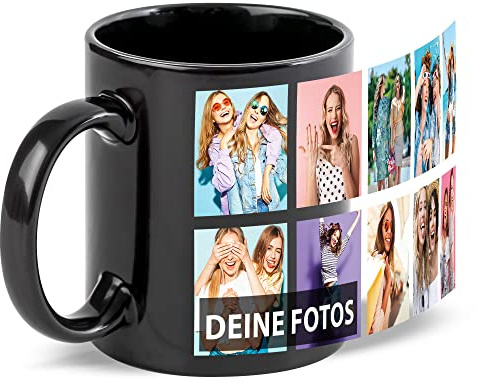 Schwarze Tasse zum selbst gestalten mit Foto-Collage für 10 Wunschfotos - Geschenk für Freunde zum Geburtstag, Weihnachten - Keramik, 300 ml | Personalisiertes Geschenk