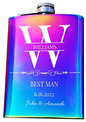 Flachmann für Trauzeugen, 237 ml, personalisierbar, Geschenk für Hochzeit, personalisierbar, 304 Edelstahl, für Trauzeugen, Vater der Braut, Regenbogen